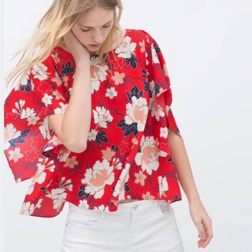 Zara Women’s Kimono Red Floral Print Top Shirt Size XS Colorful Spring Summer